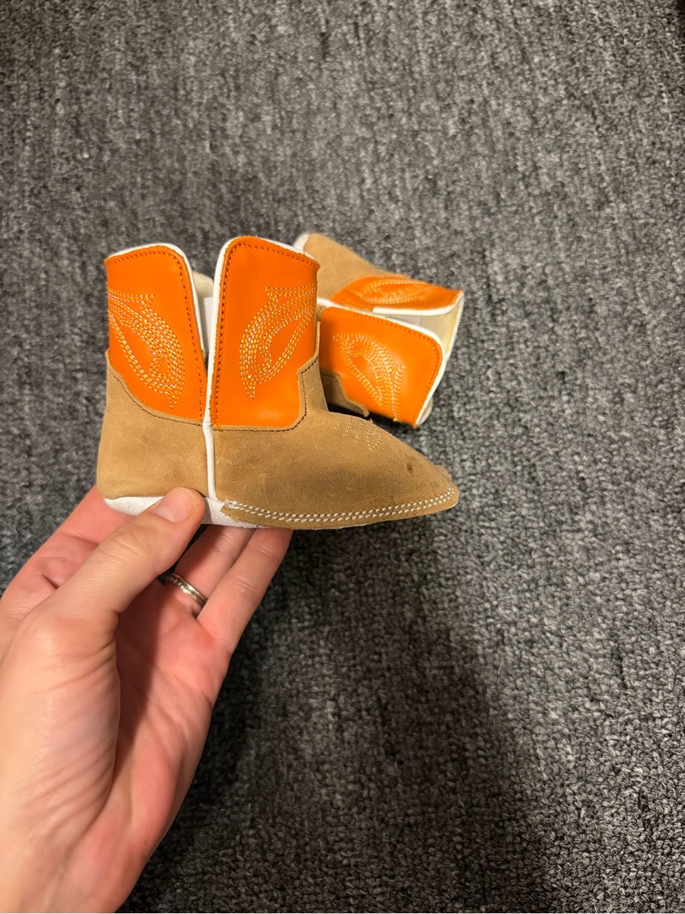 Kids Tan and Orange Cowboy Booties